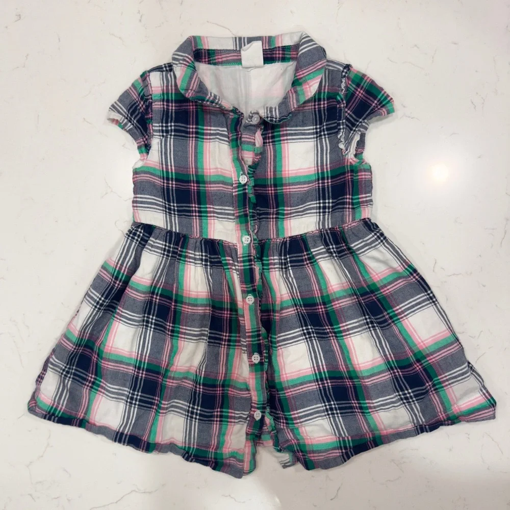 Girls Navy and Pink Plaid Button-Front Dress